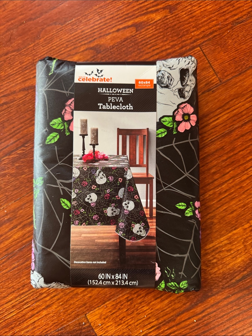 Celebrate! Halloween Black Skull & Floral PEVA Tablecloth - Pink & Green Accents
